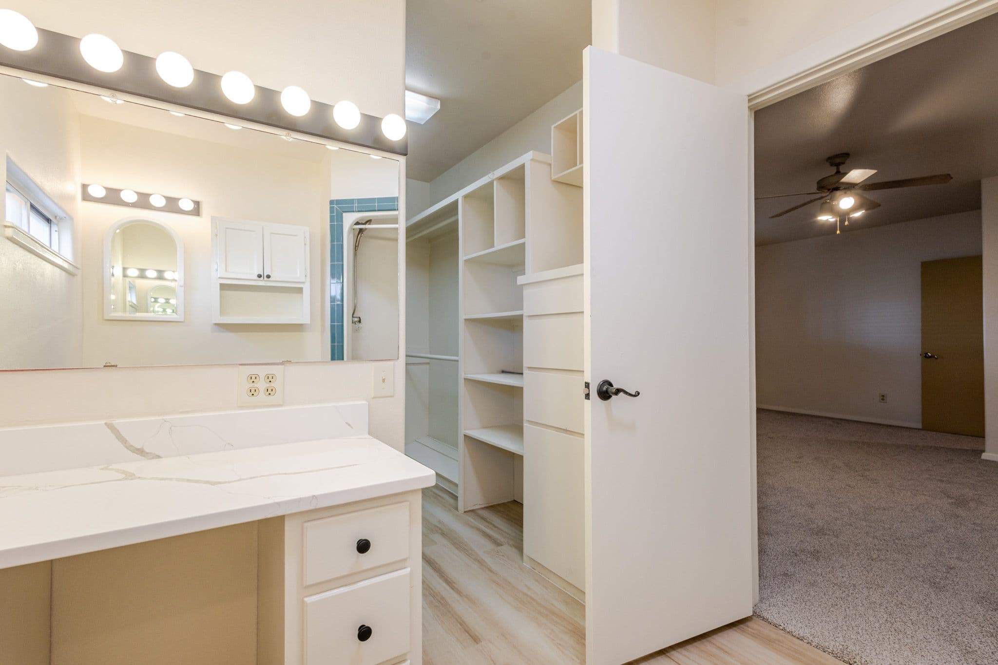 Interior shot of primary bathroom and closet.