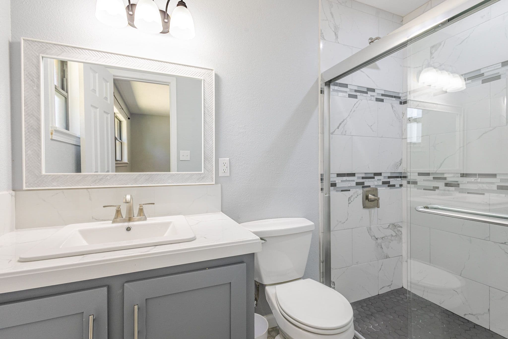 Interior shot of primary bathroom