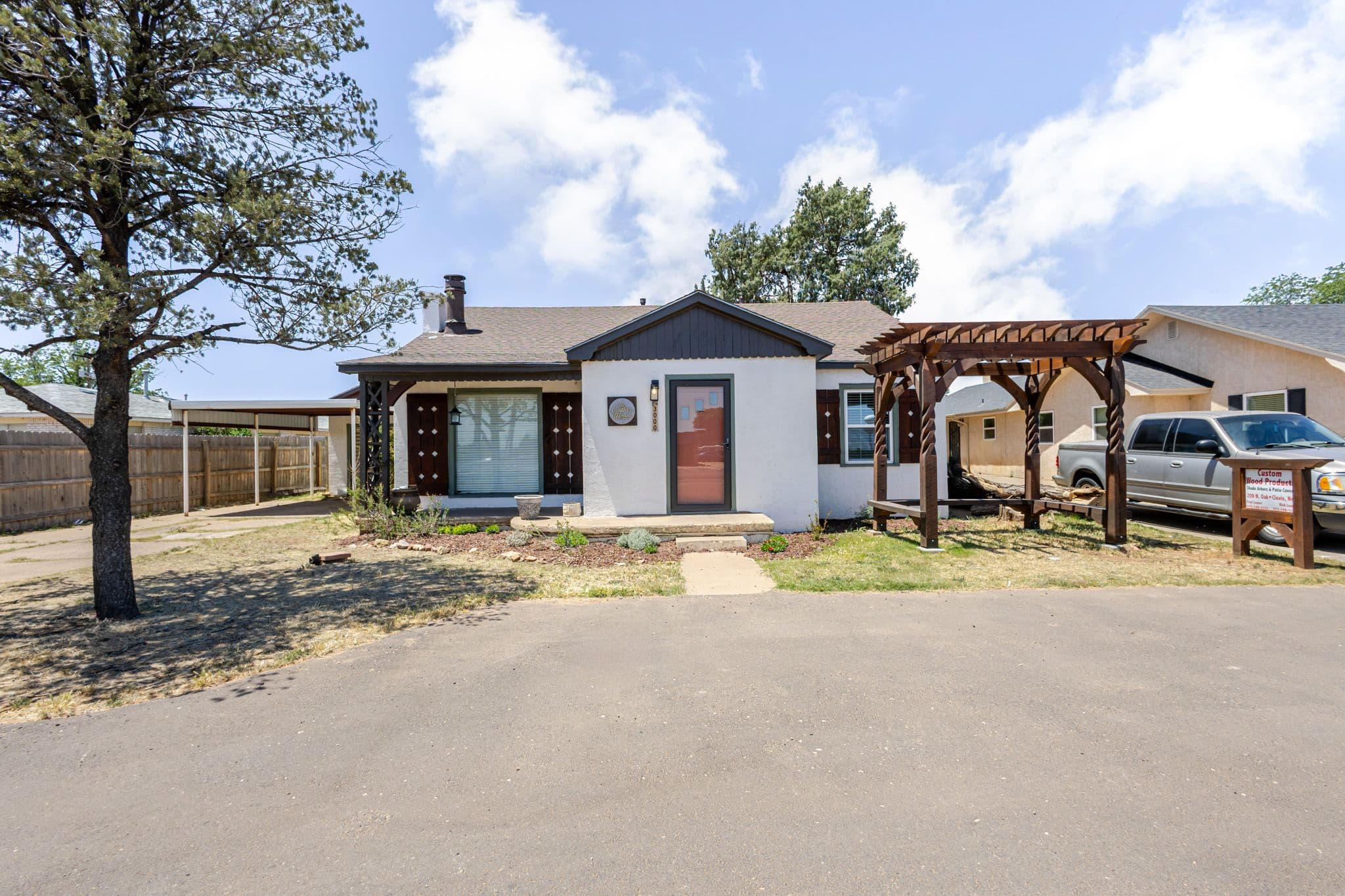 Exterior centered shot facing front of home. Airbnb called The Gather House located in Clovis New Mexico