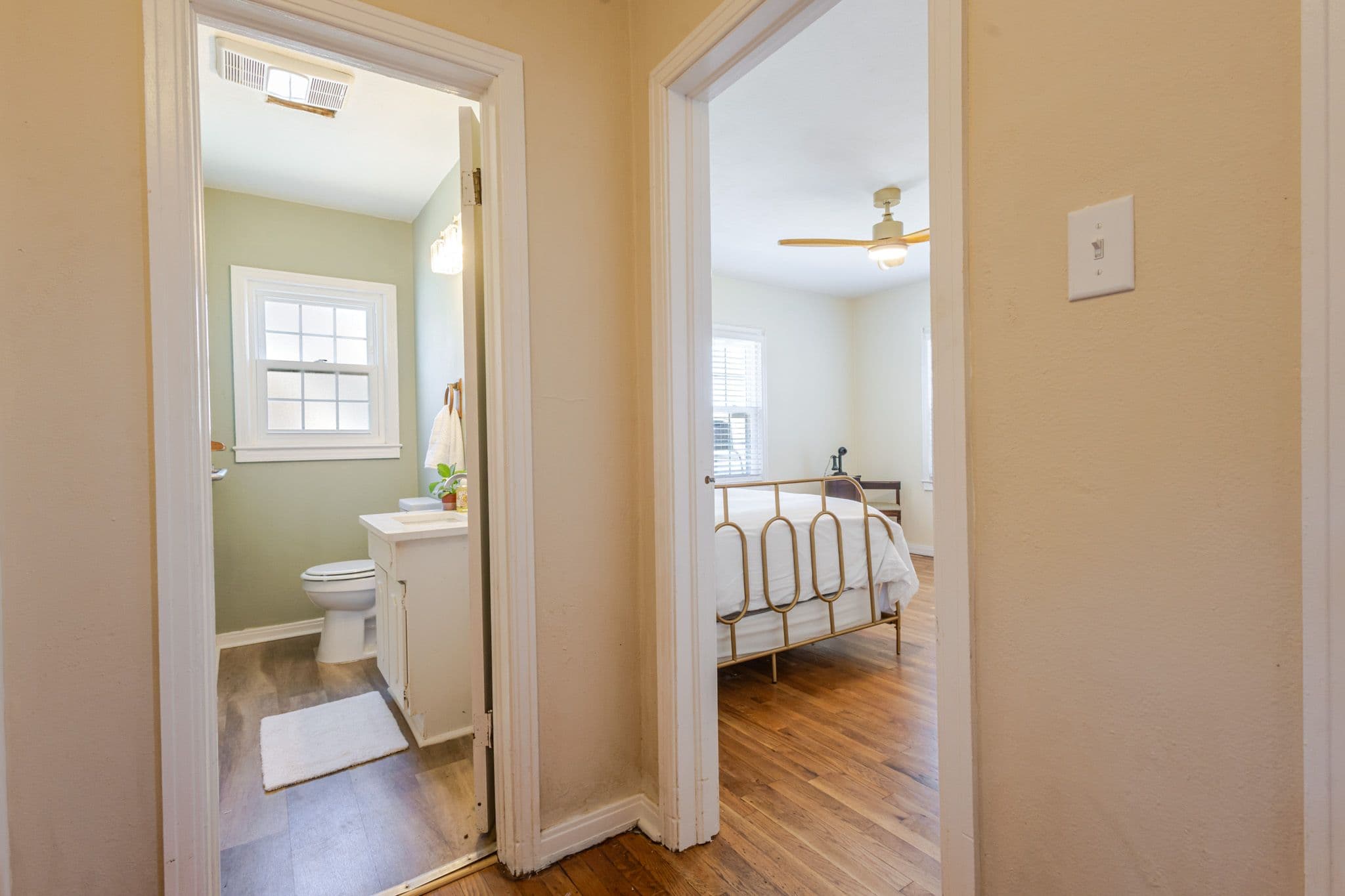Interior Shot of hallway showing to door ways. Airbnb located in Clovis New Mexico.